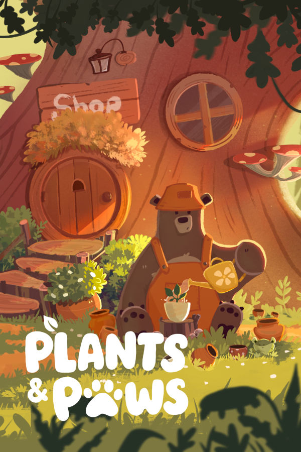 Plants & Paws vertical box art: a bear tending plants outside a giant oak tree shop
