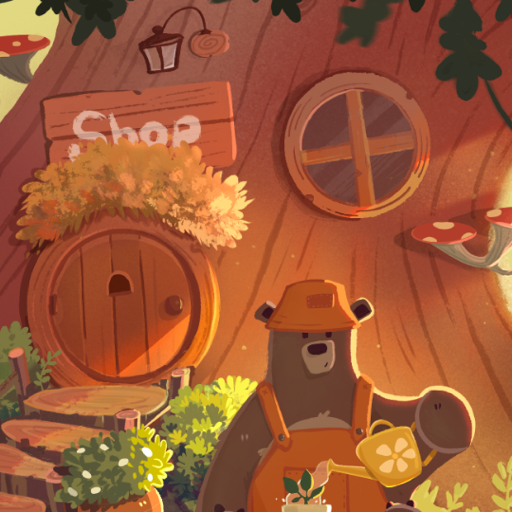 Square app icon showing the oak-tree shop and the bear