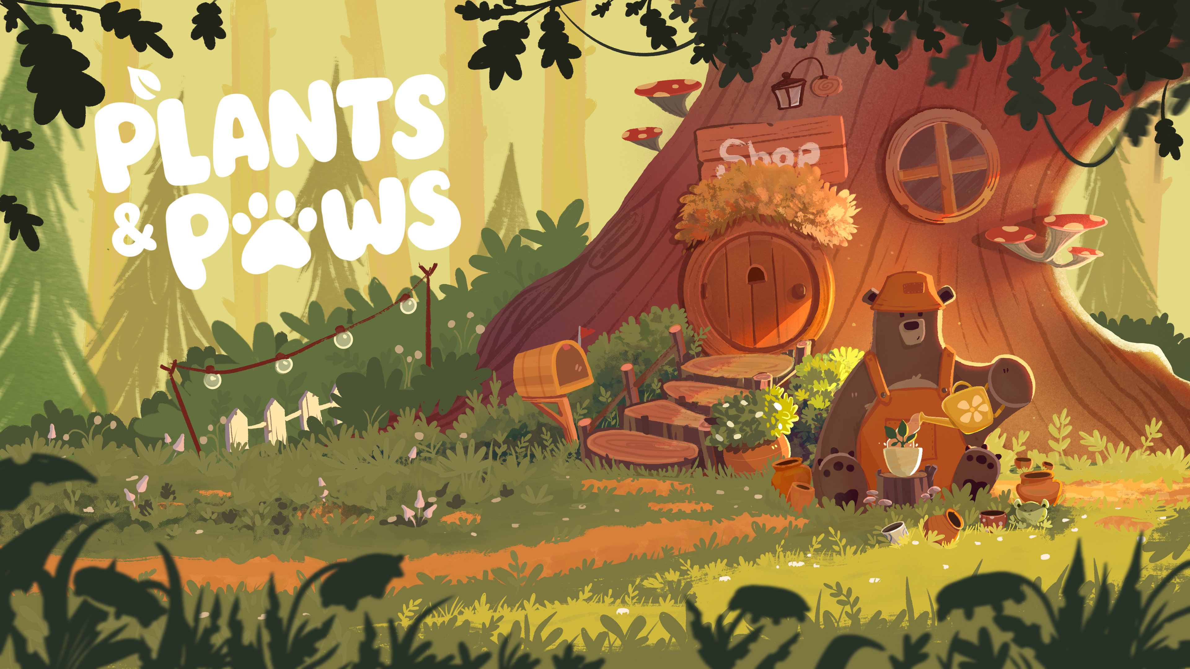 Key art: the bear waters a plant outside his oak-tree shop in a sunlit forest clearing, with the Plants & Paws logo at the left.