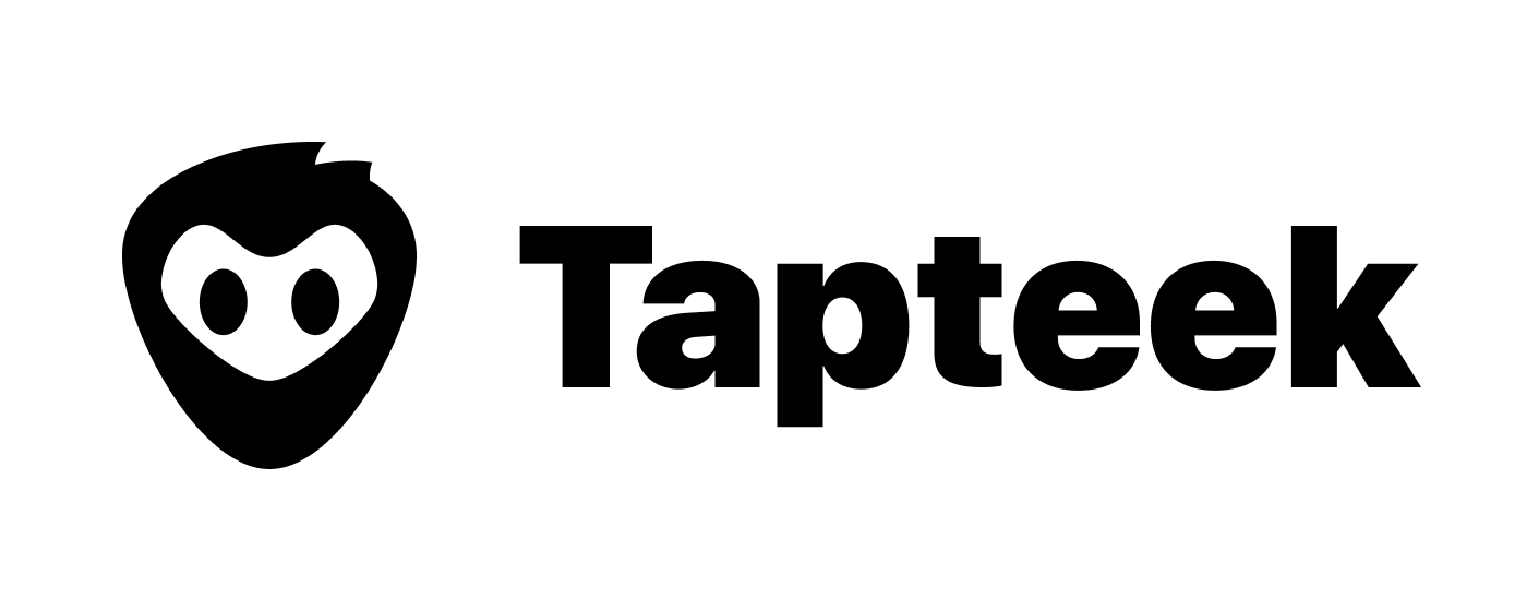 Tapteek studio wordmark in dark ink with a small animal-face symbol.