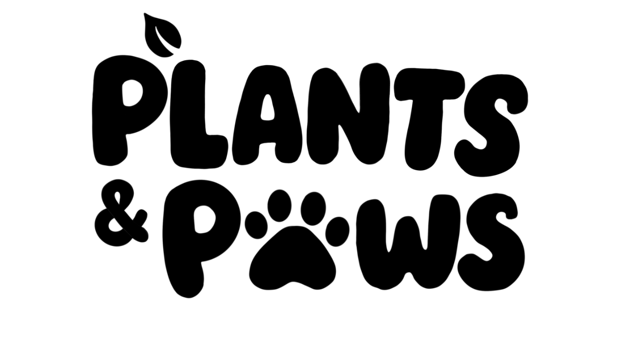 The Plants and Paws logo in solid black: rounded lettering with a leaf on the P and a paw print replacing the A in Paws.