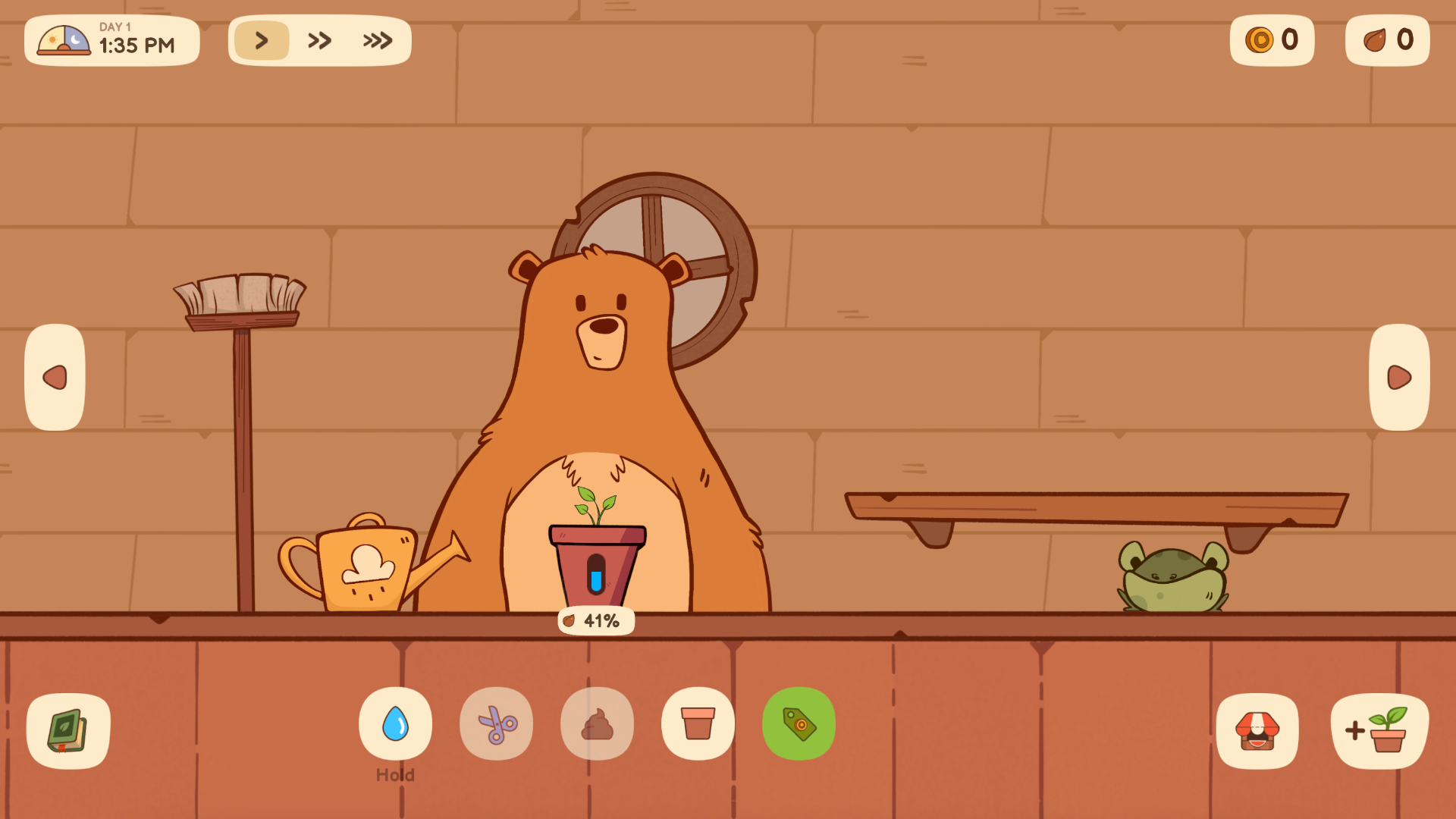 Day one of the shop: the bear stands behind an empty counter with a single seedling in a pot and a frog sitting on a shelf.