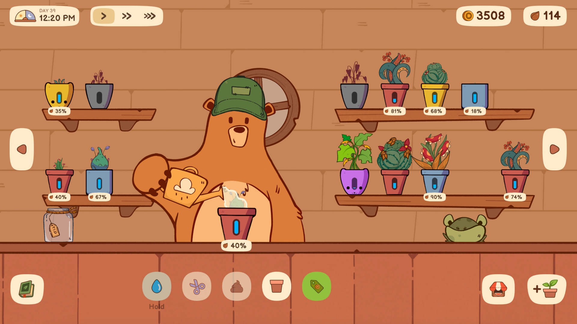 The bear in a green cap waters a pot at the shop counter while twelve potted magical plants sit on wooden shelves, each showing a moisture percentage.