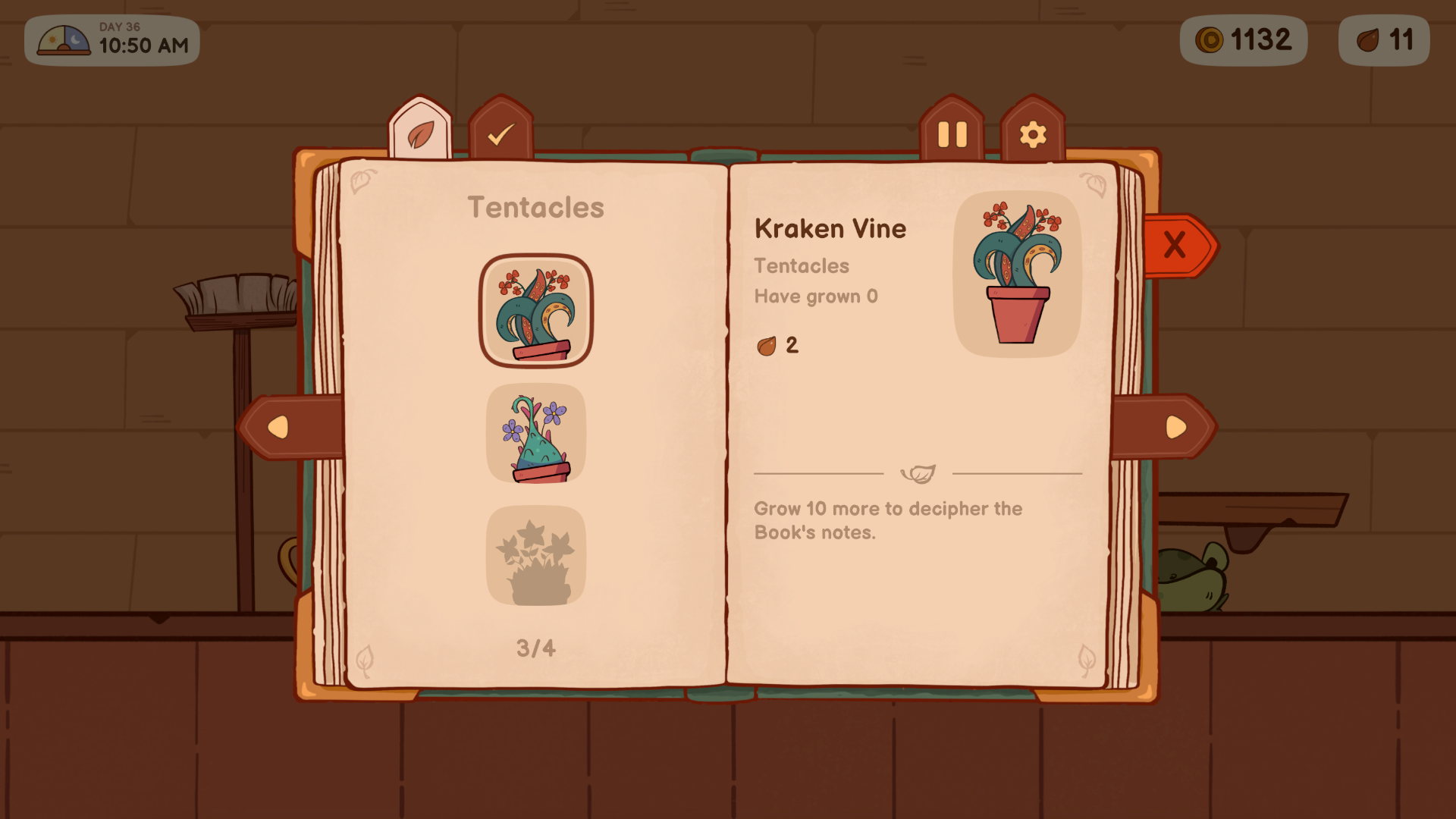 The Green Book open to the Tentacles chapter, showing the Kraken Vine entry and a locked silhouette of an undiscovered plant.