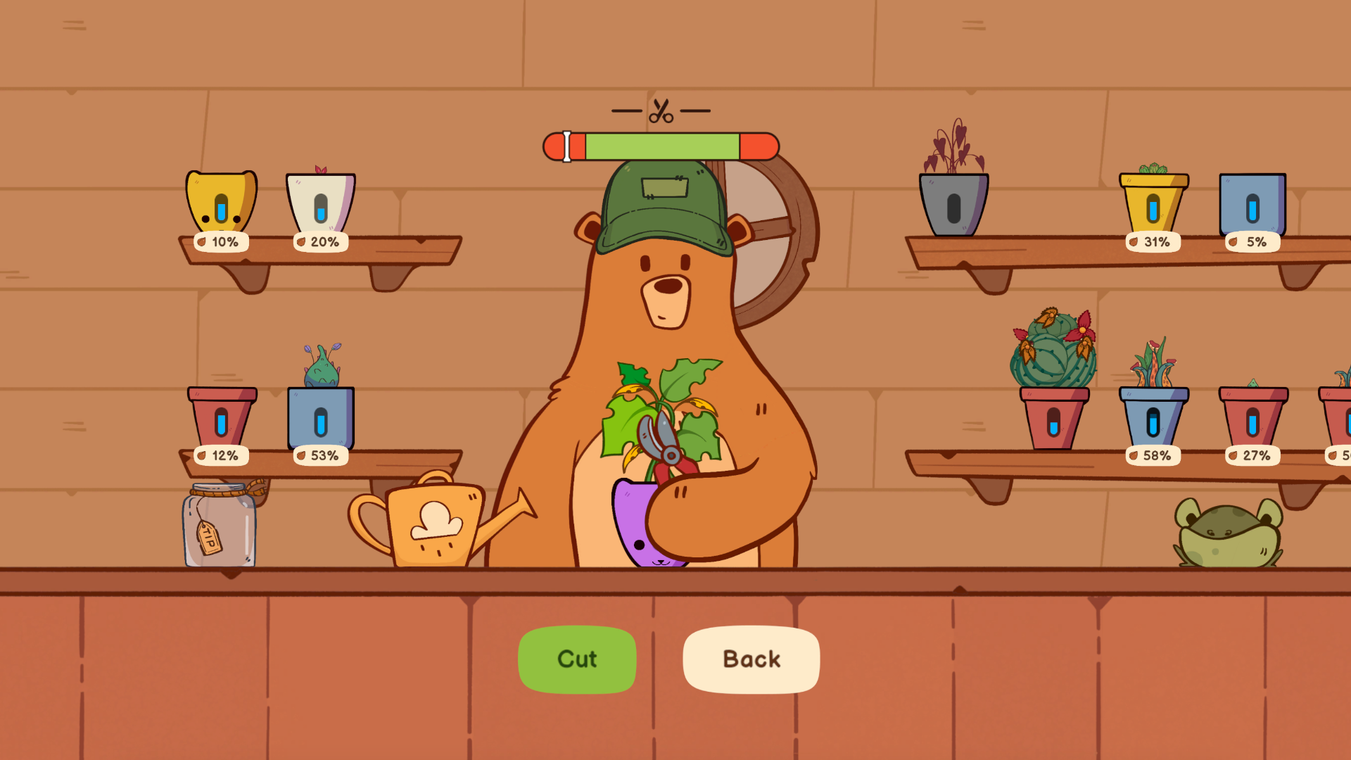A pruning mini-game: a timing bar hovers above the bear as he holds shears to an overgrown plant, with Cut and Back buttons below.