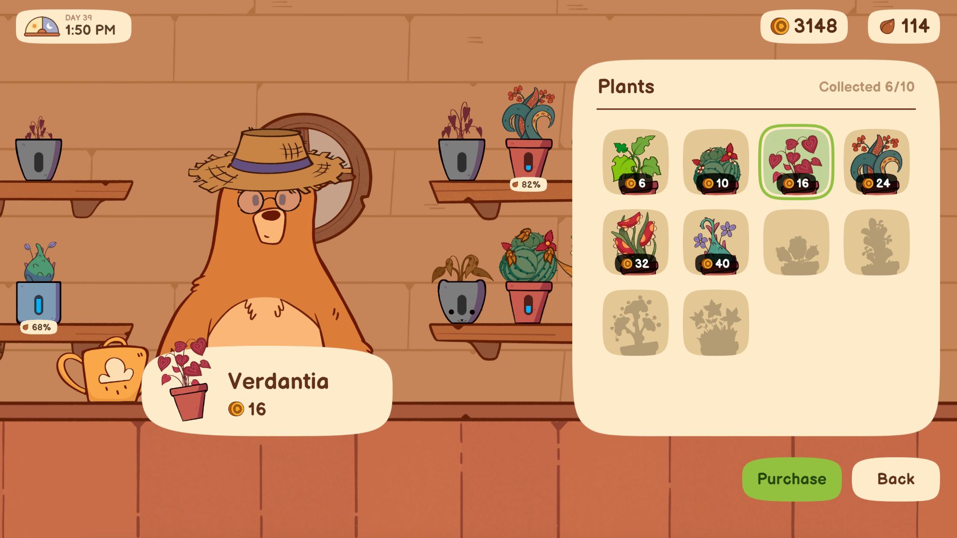 The seed shop panel showing ten plant slots, six collected, with Verdantia selected for sixteen coins while the bear wears a straw hat and glasses.